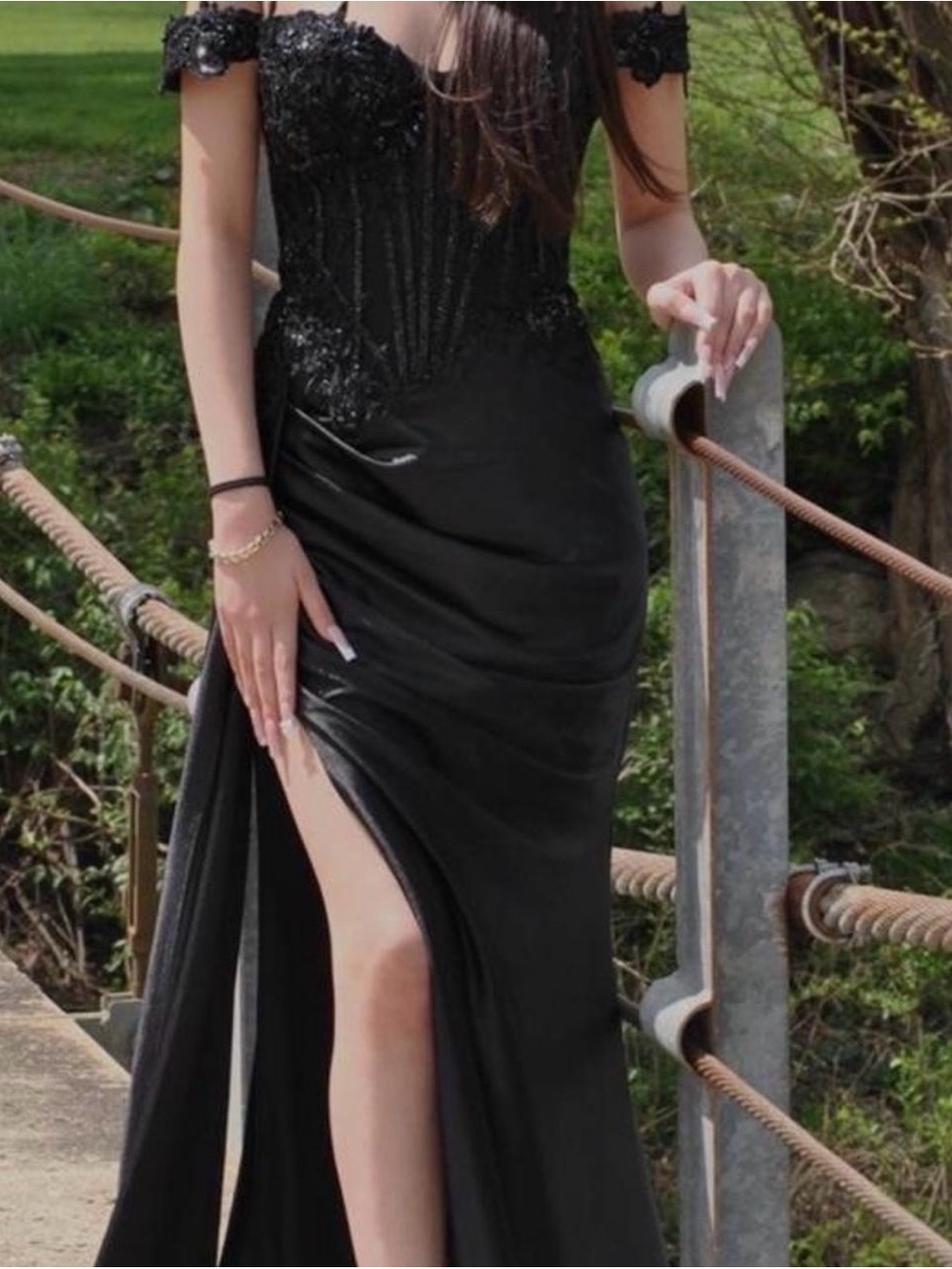 Black Off-Shoulder Lace Bodice Prom Dress with Thigh Slit